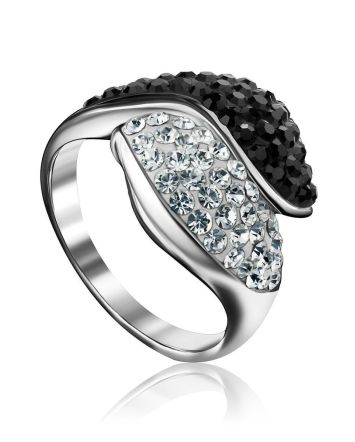 Silver Cocktail Ring With Black And White Crystals The Eclat, Ring Size: 6 / 16.5, image 