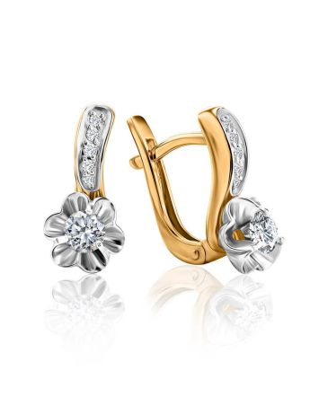 Golden Floral Earrings With White Diamonds, image 