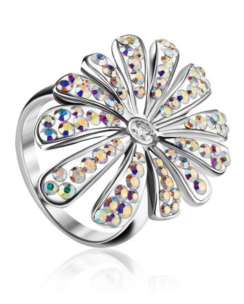 Silver Floral Ring With Chameleon Colored Crystals The Eclat, Ring Size: 5.5 / 16, image 