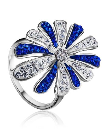 Silver Floral Ring With Blue And White Crystals The Eclat, Ring Size: 8 / 18, image 