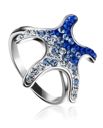 Silver Starfish Ring With Blue And White Crystals The Jungle, Ring Size: 8 / 18, image 