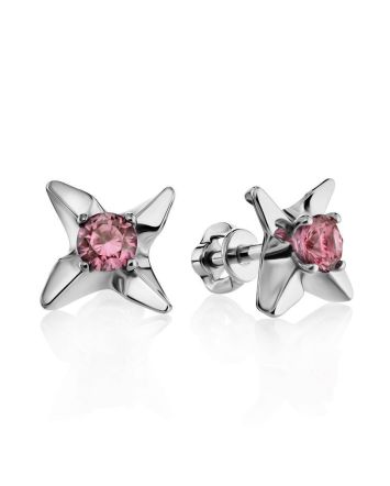 Silver Stud Earrings With Pink Crystals The Aurora, image 
