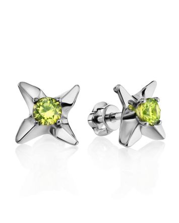 Sterling Silver Stud Earrings With Light Green Crystals The Aurora, image 