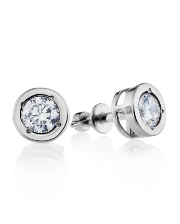 Round Silver Studs With White Crystals The Aurora, image 