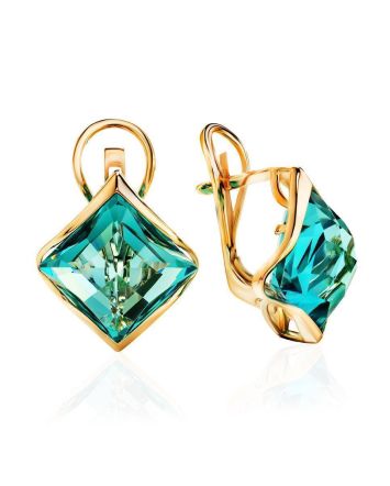 Golden Latch Back Earrings With Blue Aquamarine Centerpieces, image 