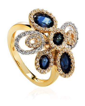 Golden Floral Ring With Sapphires And Diamonds The Mermaid, Ring Size: 6.5 / 17, image 