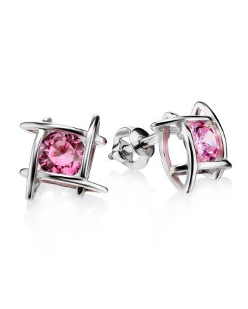 Silver Stud Earrings With Pink Crystals The Aurora, image 