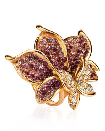 Bold Gold-Plated Cocktail Ring With Pink Crystals The Jungle, Ring Size: 9 / 19, image 