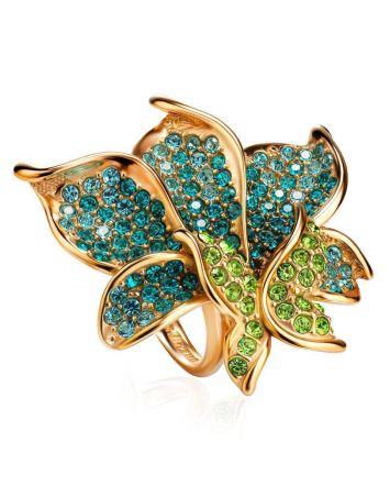 Green And Blue Crystal Floral Ring In Gold-Plated Silver The Jungle, Ring Size: 6.5 / 17, image 