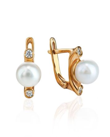 Gold Plated Earrings With Cultured Pearl And Crystals The Themis, image 