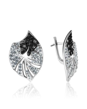 Silver Leaf Shaped Earrings With Black And White Crystals The Jungle, image 