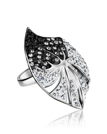 Silver Leaf Shaped Ring With Black And White Crystals The Jungle, Ring Size: 9.5 / 19.5, image 