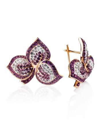 Gold Plated Floral Earrings With Purple And White Crystals The Jungle, image 