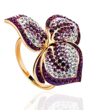 Gold Plated Floral Ring With Purple And White Crystals The Jungle, Ring Size: 11.5 / 21, image 