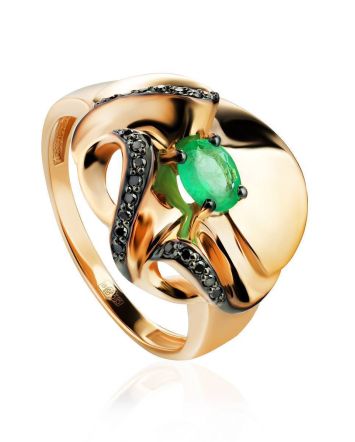 Golden Cocktail Ring With Emerald And Black Diamonds The Oasis, Ring Size: 9 / 19, image 