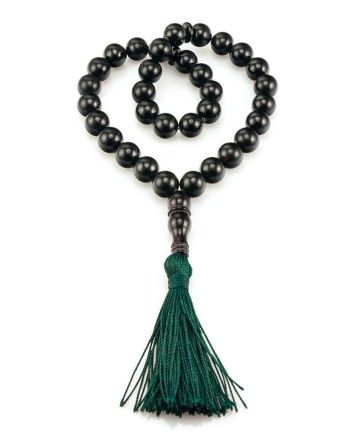 33 Black Amber Muslim Rosary With Green Tassel, image 