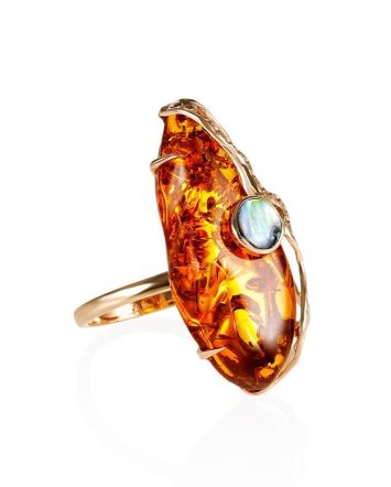 Cognac Amber Golden Cocktail Ring With Nacre The Atlantis, Ring Size: Adjustable, image 