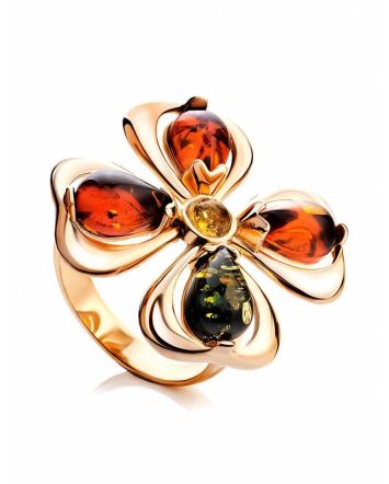 Adjustable Gold-Plated Ring With Multicolor Amber The Shamrock, Ring Size: Adjustable, image 