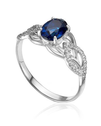 Silver Ring With Synthetic Sapphire And White Crystals, Ring Size: 8 / 18, image 