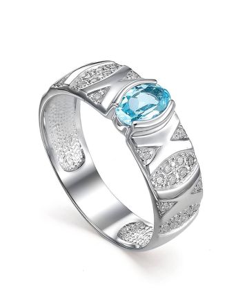 Silver Ring With Synthetic Topaz And White Crystals, Ring Size: 7 / 17.5, image 