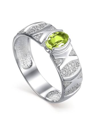 Silver Ring With Bright Chrysolite And White Crystals, Ring Size: 8 / 18, image 