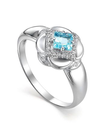 Floral Ring With Synthetic Topaz Centerstone And White Crystals, Ring Size: 6.5 / 17, image 