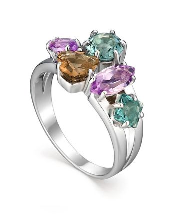 Silver Ring With Multicolor Crystals, Ring Size: 8 / 18, image 
