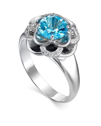 Silver Cocktail Ring With Synthetic Topaz And Crystals, Ring Size: 6 / 16.5, image 