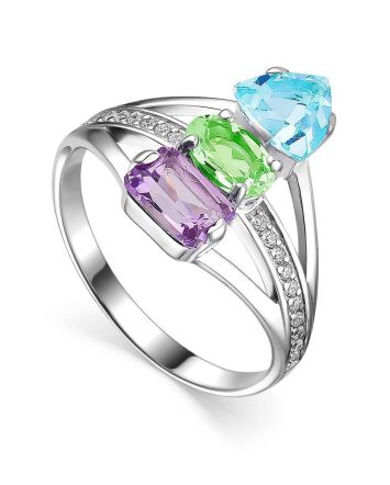 Silver Cocktail Ring With Multicolor Crystals, Ring Size: 7 / 17.5, image 