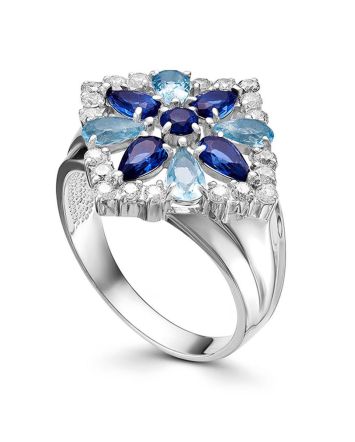 Sterling Silver Ring With Multicolor Crystals, Ring Size: 7 / 17.5, image 