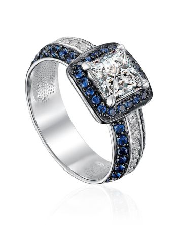 Silver Statement Ring With Blue and White Crystals, Ring Size: 7 / 17.5, image 