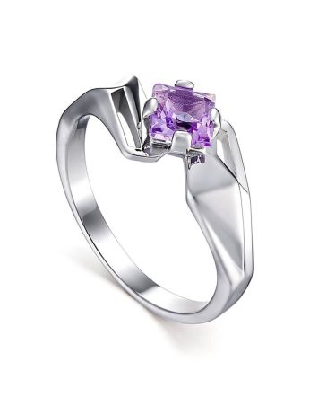 Geometric Silver Ring With Square Amethyst Centerstone, Ring Size: 6.5 / 17, image 