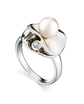 Silver Cocktail Ring With Cultured Pearl And Crystal The Serene, Ring Size: 7 / 17.5, image 