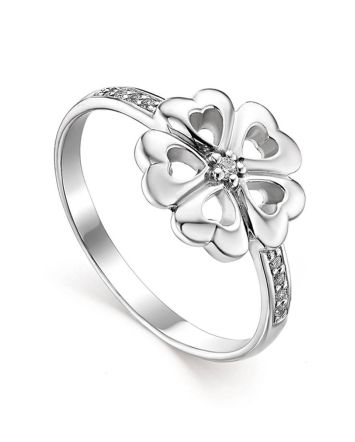 Silver Floral Ring With White Crystals, Ring Size: 6.5 / 17, image 