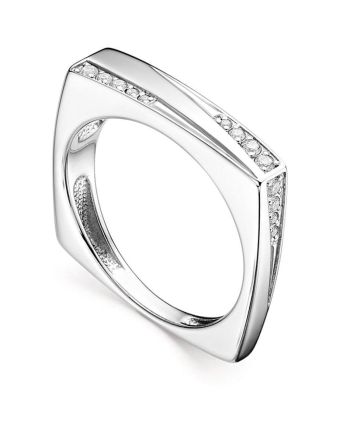 Geometric Silver Ring With Crystal Rows, Ring Size: 7 / 17.5, image 