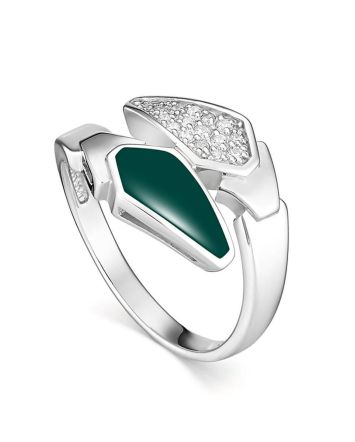 Sterling Silver Ring With Green Enamel And White Crystals, Ring Size: 6 / 16.5, image 