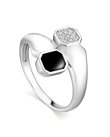 Silver Ring With Black Enamel And White Crystals, Ring Size: 6.5 / 17, image 