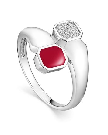 Silver Ring With Red Enamel And White Crystals, Ring Size: 6.5 / 17, image 