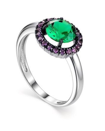 Silver Ring With Round Synthetic Emerald Centerstone And Purple Crystals, Ring Size: 8.5 / 18.5, image 
