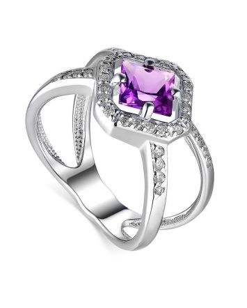 Silver Statement Ring With Square Amethyst And Crystals, Ring Size: 7 / 17.5, image 