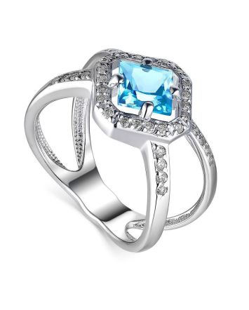 Silver Ring With Synthetic Topaz And White Crystals, Ring Size: 7 / 17.5, image 