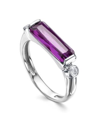 Geometric Silver Ring With Synthetic Amethyst And Crystals, Ring Size: 9 / 19, image 