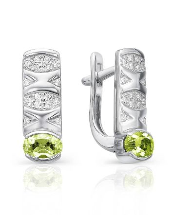 Silver Earrings With Chrysolite Centerstones And Crystals, image 