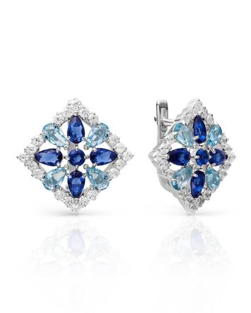 Geometric Silver Earrings With Multicolor Crystals, image 