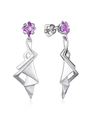 Geometric Silver Dangles With Amethyst Centerstones, image 