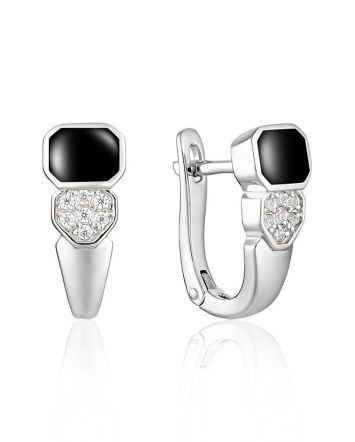 Designer Silver Earrings With Black Enamel And Crystals, image 