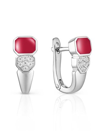Geometric Silver Earrings With Enamel And Crystals, image 