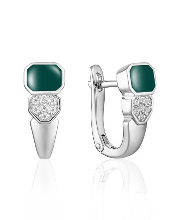 Stylish Silver Earrings With Green Enamel And Crystals, image 