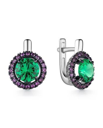 Silver Earrings With Synthetic Emerald Centerstones And Purple Crystals, image 