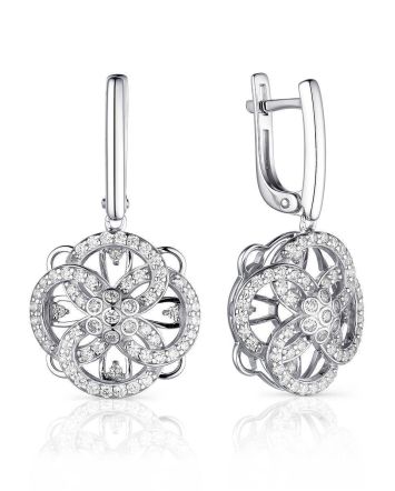 Silver Floral Earrings With White Crystals, image 